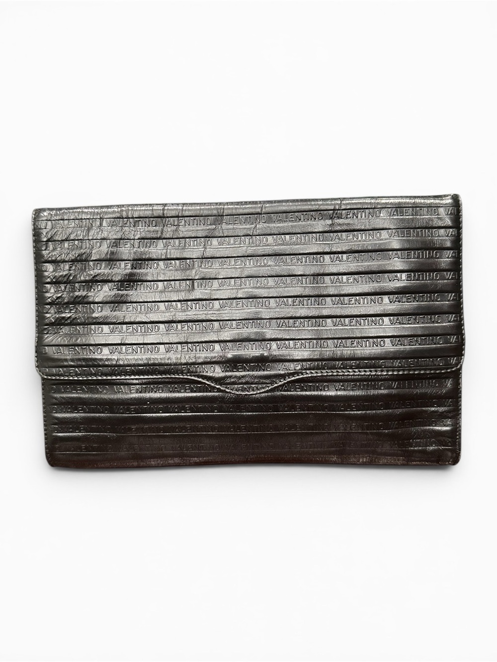 Vintage Mario Valentino Black Leather Logo Embossed Envelope Clutch